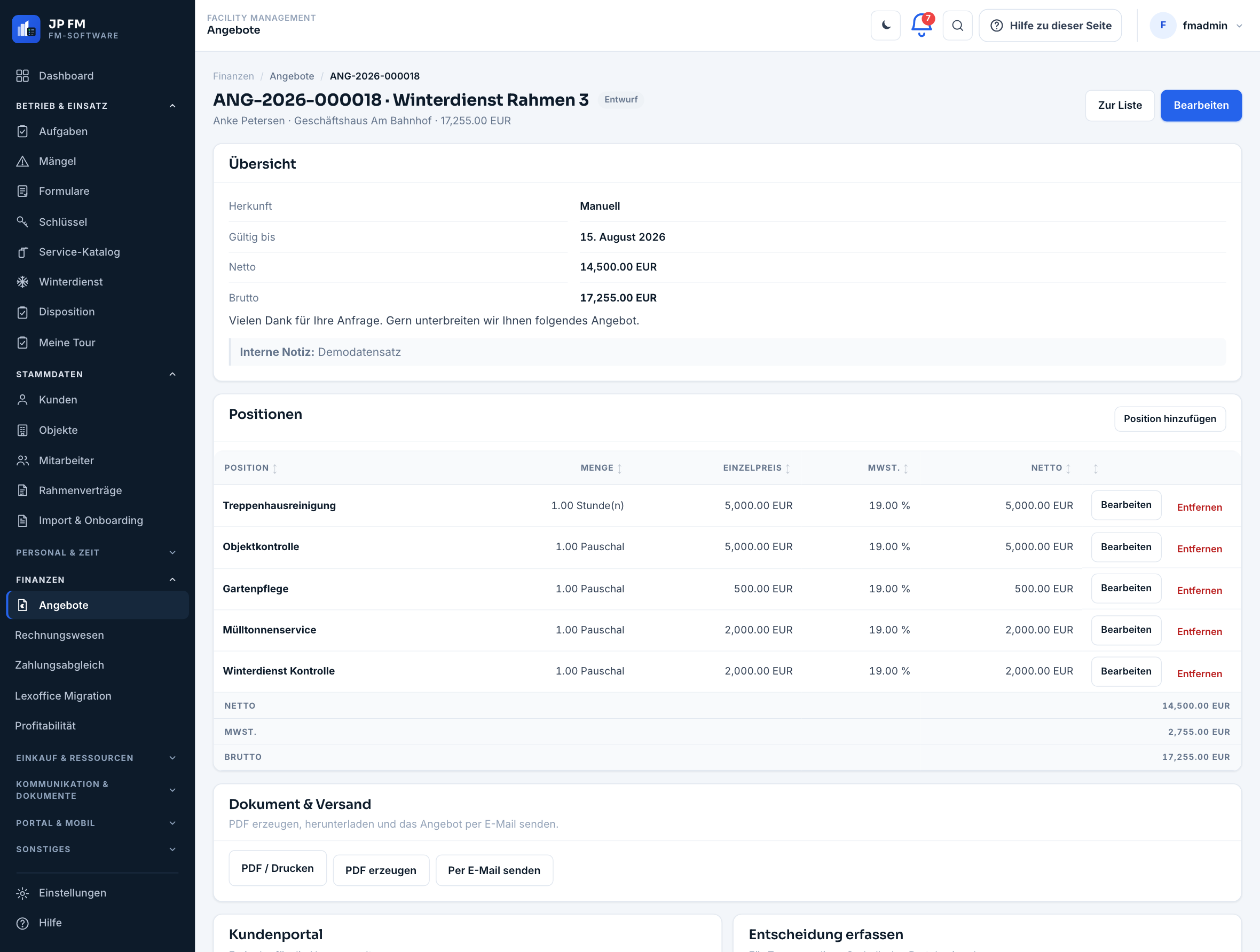 Angebotsdetail in JP FM: Kopfbereich mit Angebotsnummer, Kunde, Objekt und Bruttosumme; darunter die Übersicht mit Herkunft, Gültigkeit, Netto und Brutto; darunter die Positionstabelle mit Menge, Einzelpreis, Mehrwertsteuersatz und Nettobetrag sowie den Schaltflächen für PDF, E-Mail-Versand und Kundenportal.