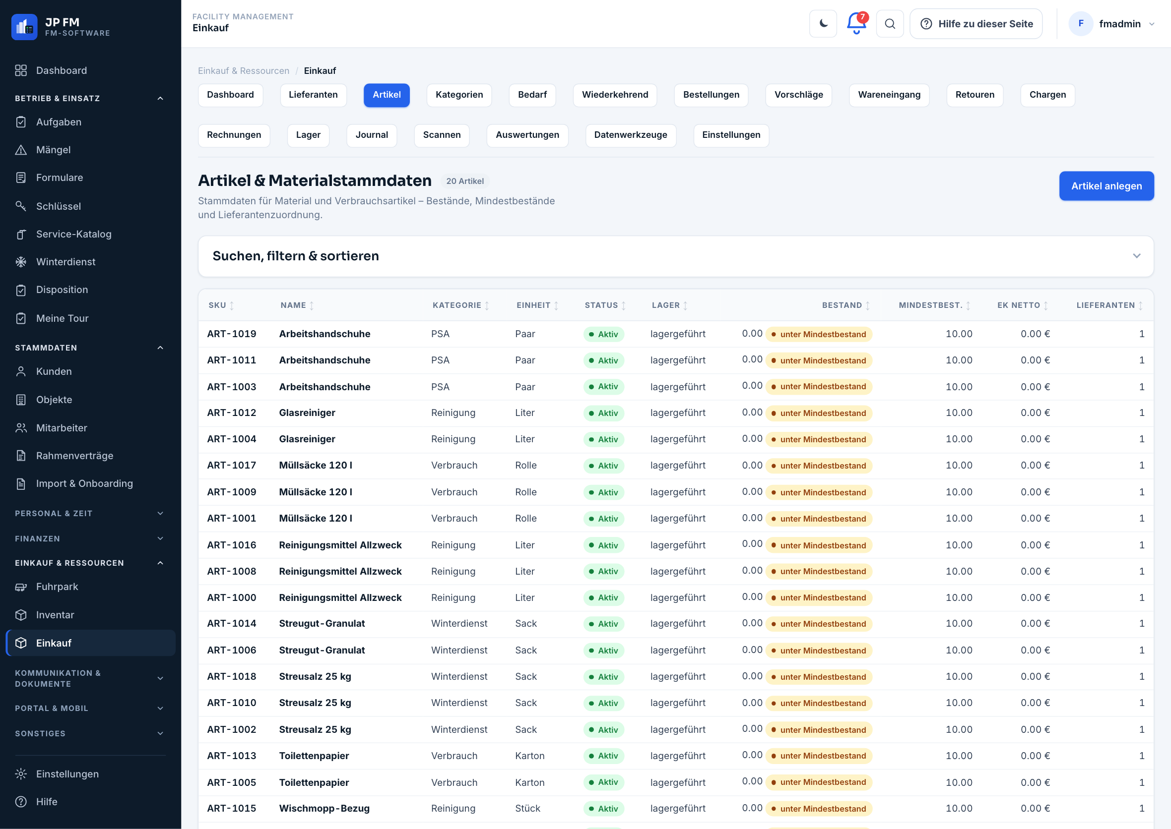 Artikelliste in JP FM: links die Modulnavigation, rechts eine Tabelle mit den Spalten Artikelnummer, Name, Kategorie, Einheit, Status, Lager, Bestand, Mindestbestand, Einkaufspreis netto und Lieferanten.