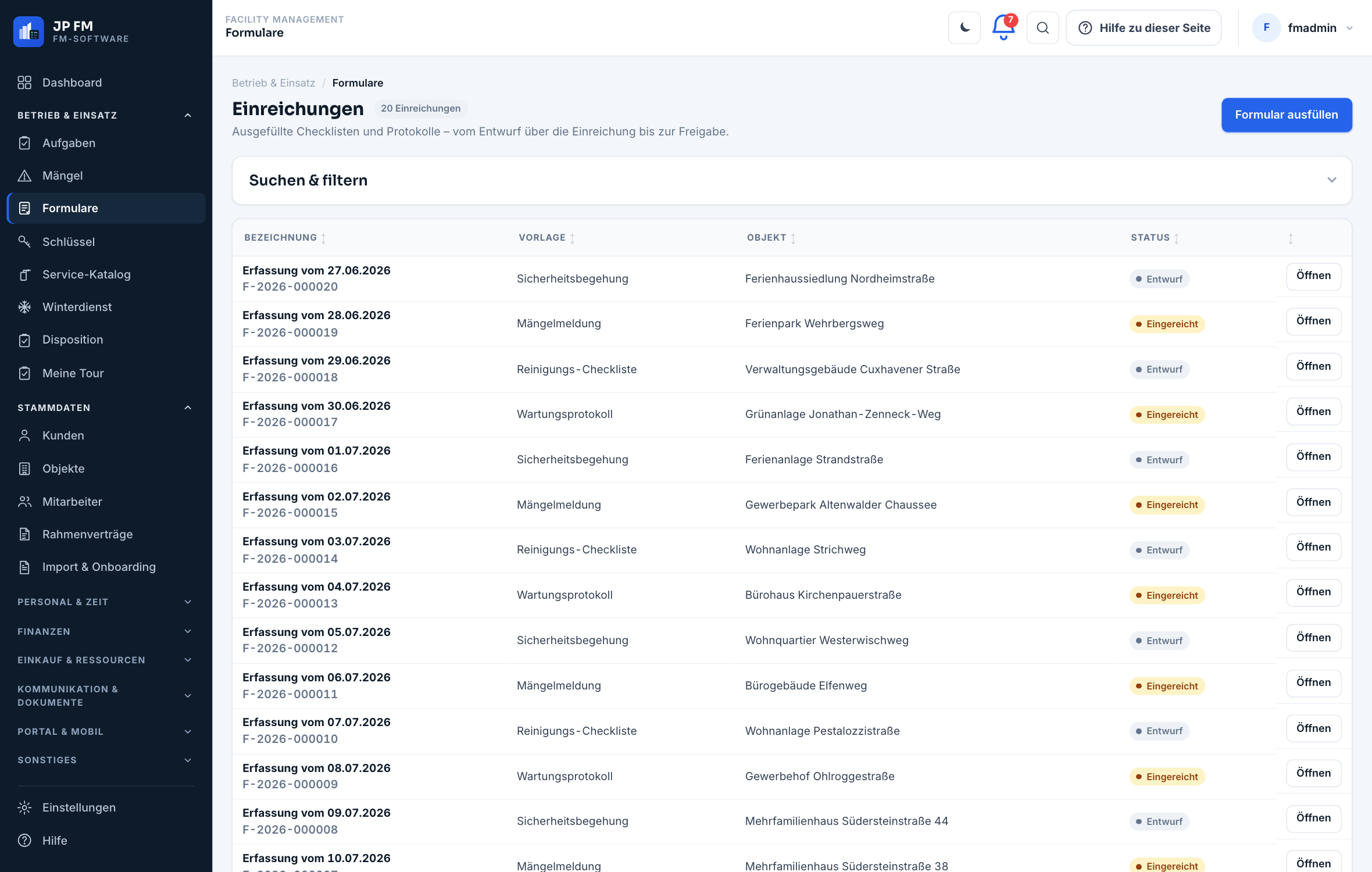 Liste eingereichter Formulare in JP FM: links die Modulnavigation, rechts eine Tabelle mit den Spalten Bezeichnung, Vorlage, Objekt, Status und Aktionen.