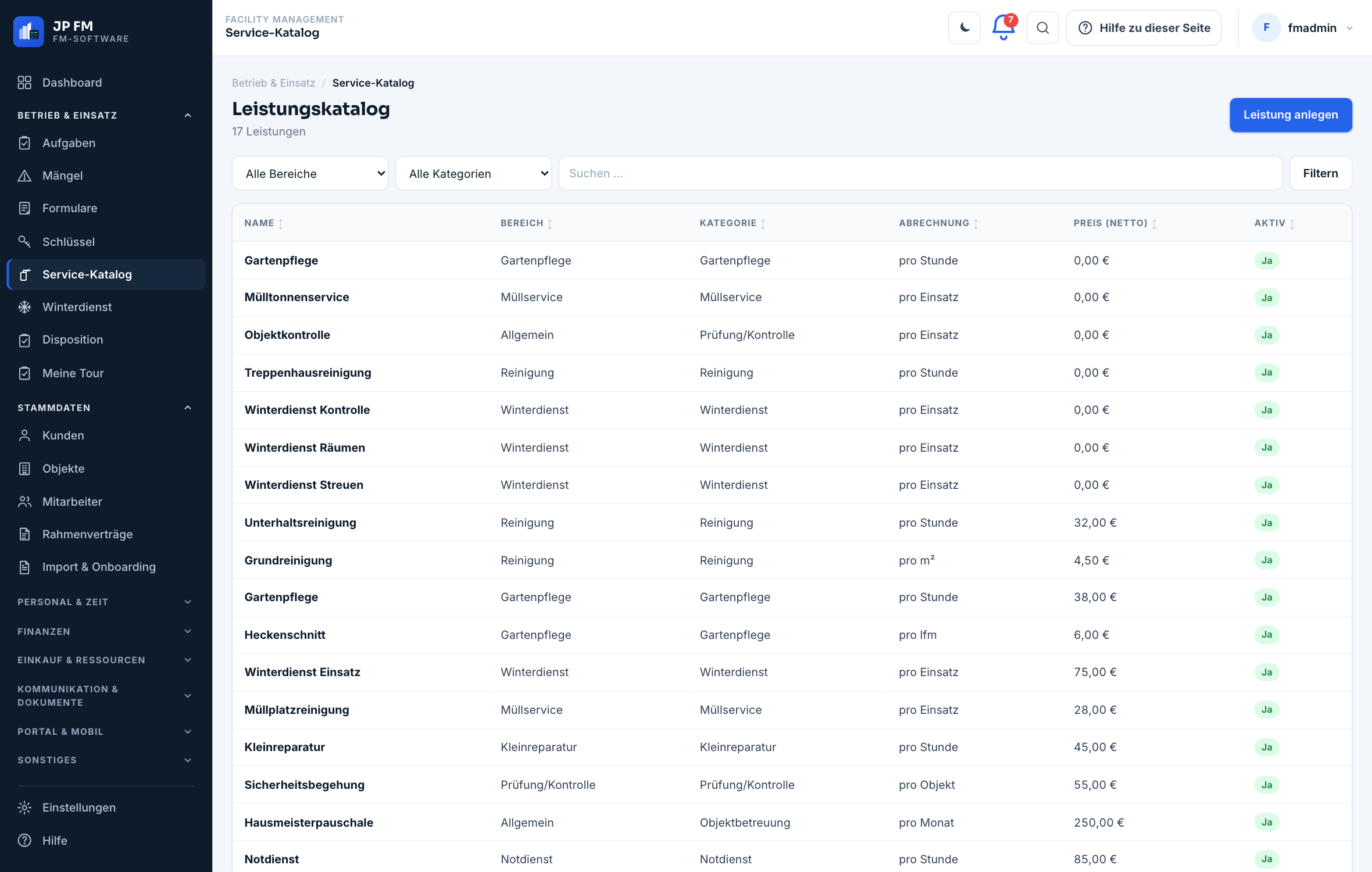 Leistungskatalog in JP FM: links die Modulnavigation, rechts eine Tabelle mit den Spalten Name, Bereich, Kategorie, Abrechnung, Preis netto und Aktiv.