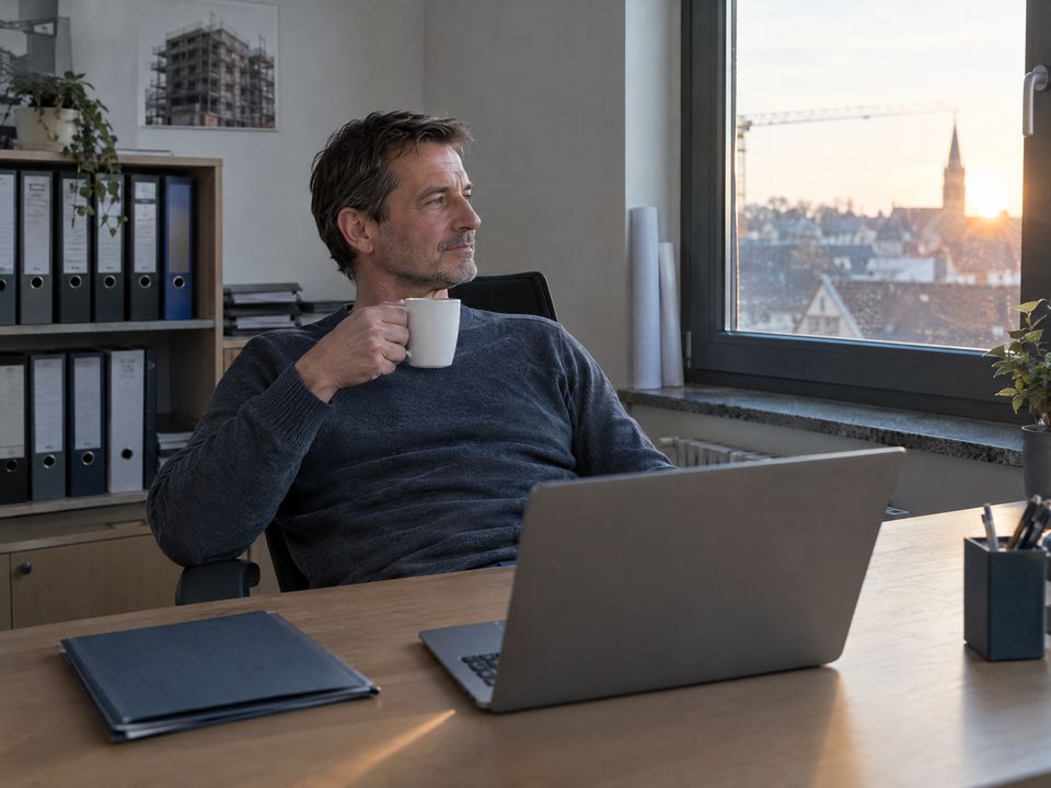 KI-Symbolbild: Der Inhaber eines kleinen Gebäudeservice sitzt am späten Nachmittag entspannt mit Kaffee an einem aufgeräumten Schreibtisch vor dem Laptop.