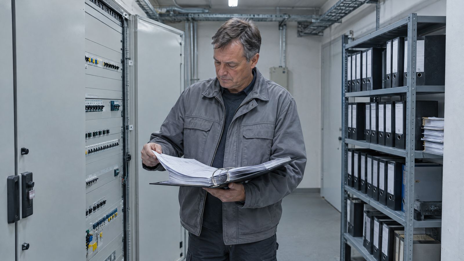 KI-Symbolbild: Ein technischer Leiter blättert im Technikraum neben einem Schaltschrank in einem dicken Ordner mit Prüfprotokollen.