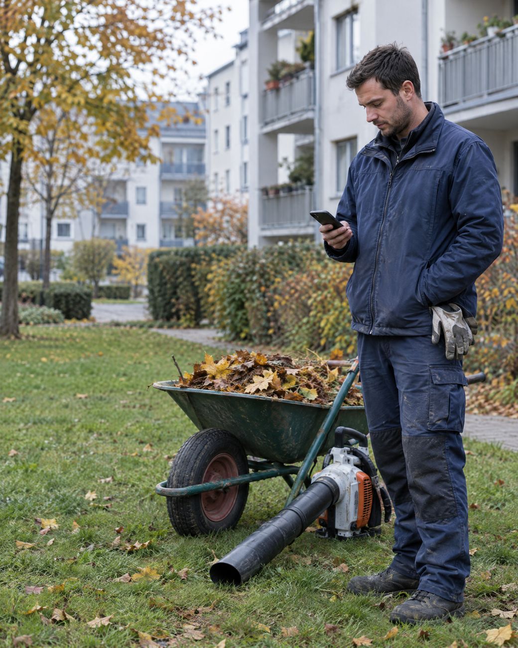 KI-Symbolbild: Ein Mitarbeiter der Grünpflege steht im Herbst neben einer Schubkarre voller Laub und schaut auf sein Smartphone.