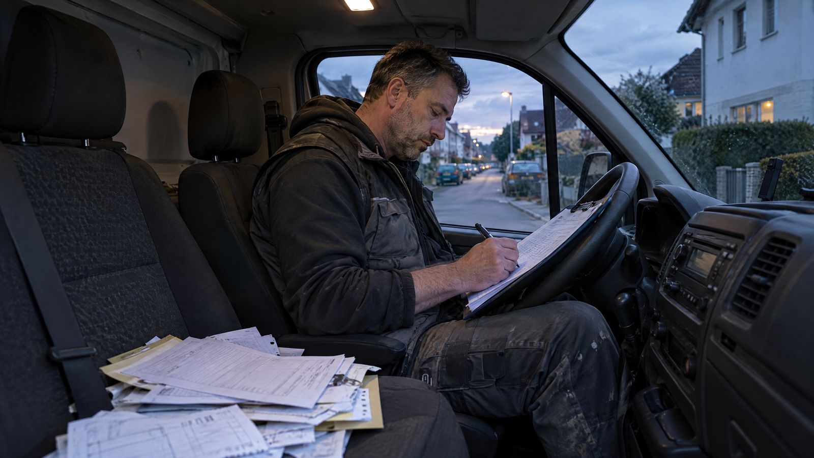 KI-Symbolbild: Ein Handwerker sitzt in der Dämmerung im Transporter und füllt auf dem Lenkrad einen Papierbericht aus, auf dem Beifahrersitz liegt ein Stapel Zettel.