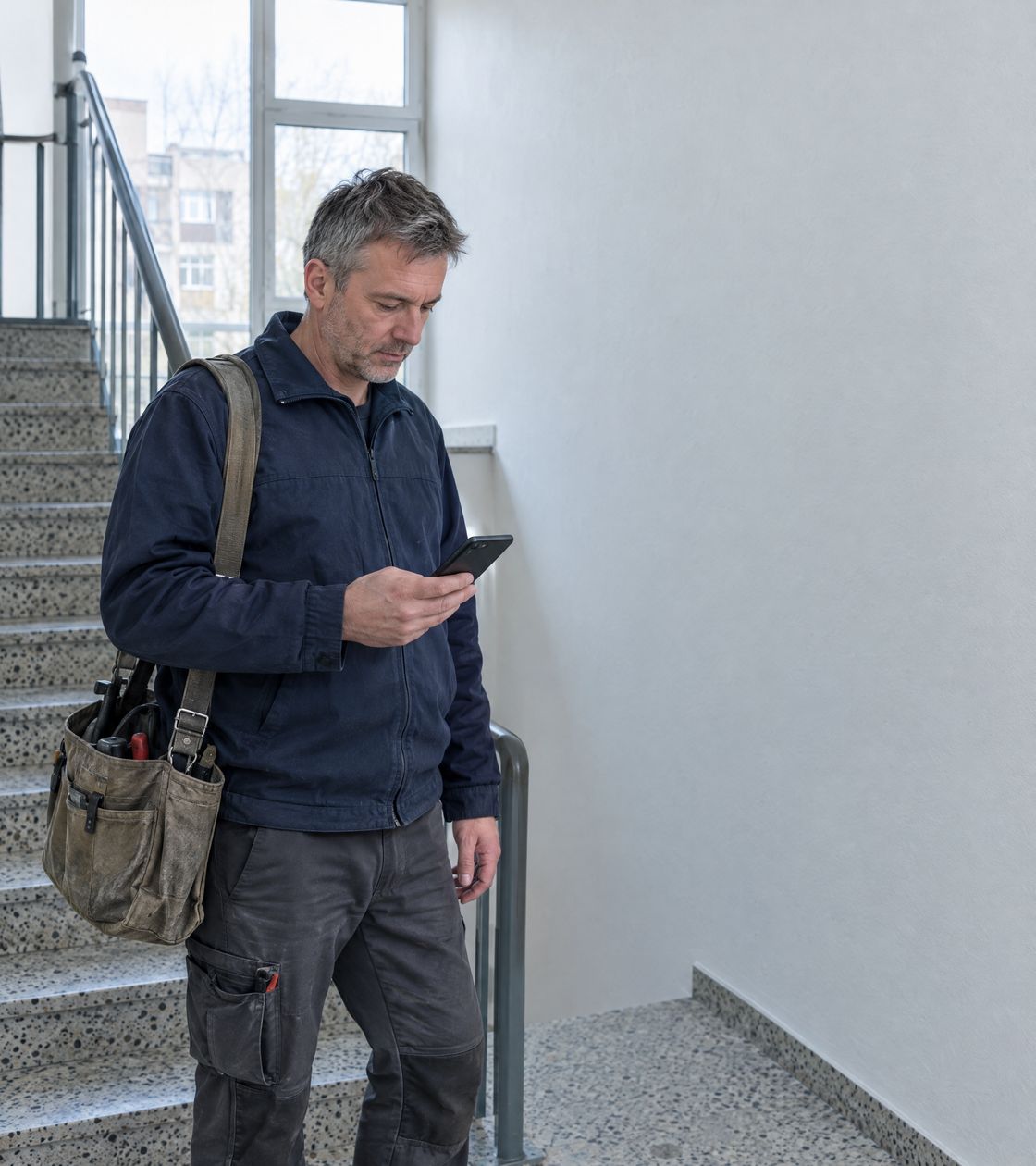 KI-Symbolbild: Ein Hausmeister in dunkelblauer Arbeitsjacke steht im Treppenhaus eines Mehrfamilienhauses und schaut auf sein Smartphone.