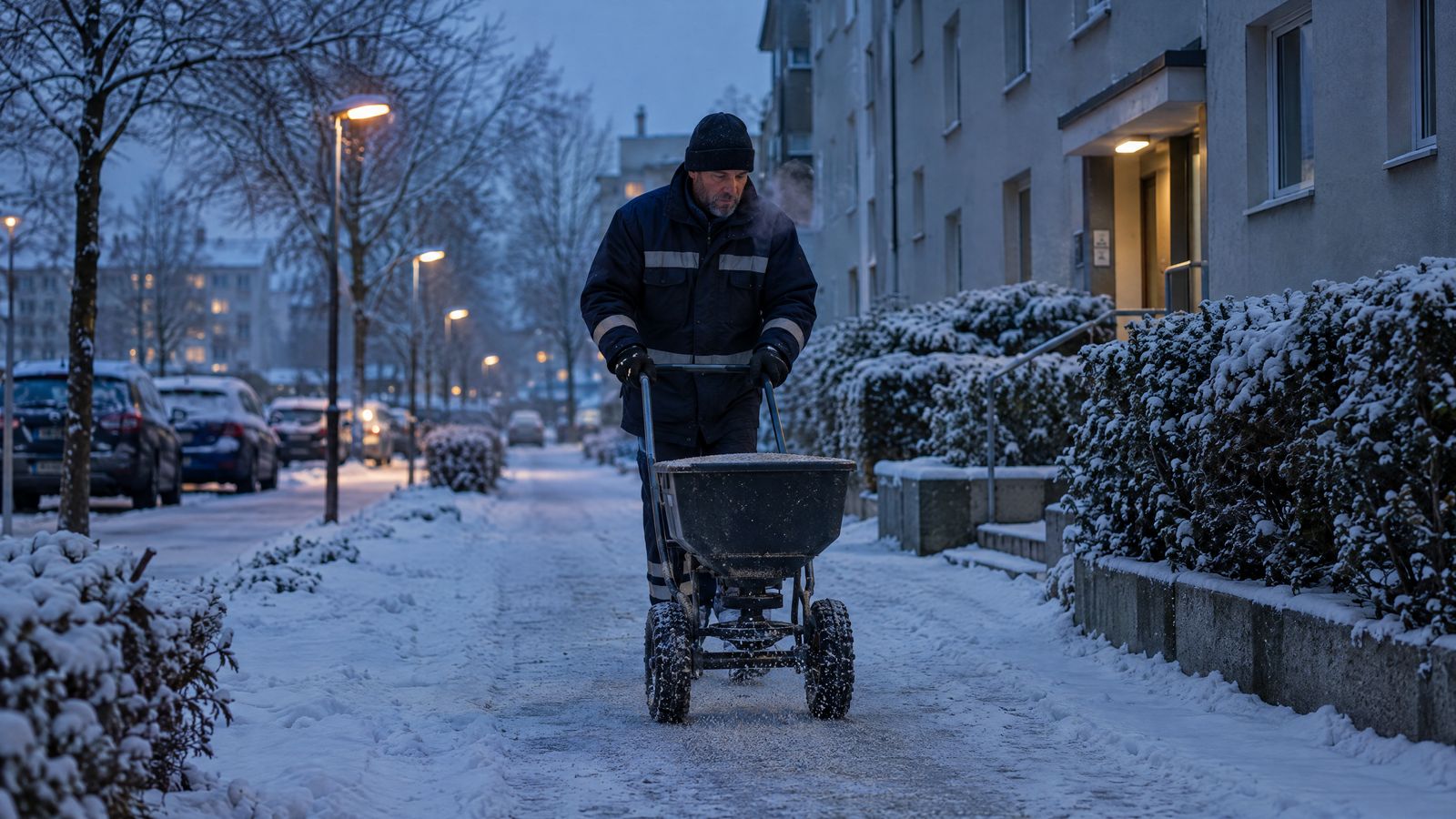 KI-Symbolbild: Vor Sonnenaufgang schiebt ein Winterdienst-Mitarbeiter einen Streuwagen über den verschneiten Gehweg vor einem Mehrfamilienhaus.