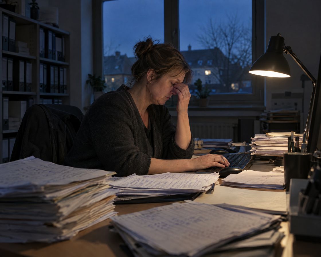 KI-Symbolbild: Eine Inhaberin sitzt abends allein im dunklen Büro unter der Schreibtischlampe zwischen Stapeln von Stundenzetteln und reibt sich die Augen.